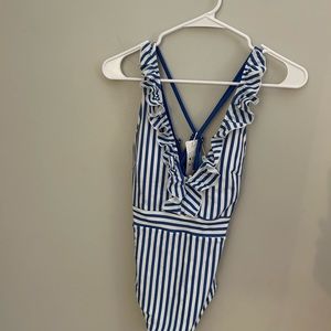 Cupshe swimsuit - blue/white striped with a ruffle neckline. Size Medium